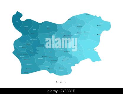 Illustrazione isolata vettoriale. Mappa amministrativa semplificata della Bulgaria di colore blu. Confine delle province. Sfondo bianco. Nomi delle città Illustrazione Vettoriale