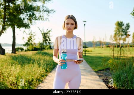 Una bella giovane donna cammina attraverso un parco vivace in una giornata di sole. Foto Stock