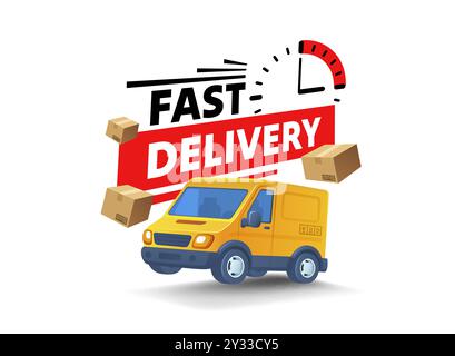 consegna rapida di merci, trasporto pacchi, servizio espresso, emblema di etichette. Vettore Illustrazione Vettoriale
