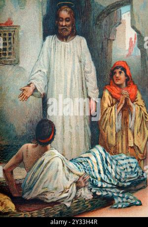 Illustrazione Gesù Cristo guarire l'uomo malato di paralisi dall'antico XIX secolo The National Comprehensive Family Bible (Illustrated Family Bible) Foto Stock