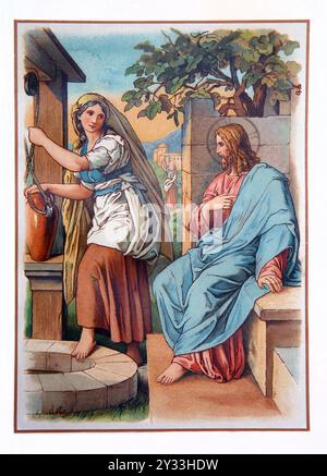 Art Deco illustrazione di Cristo e della donna di Samaria (Vangelo di Giovanni) Gesù Cristo che chiede una bevanda d'acqua da una donna samaritana a quella di Giacobbe Foto Stock