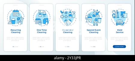 Schermata blu dell'app mobile onboarding del servizio di pulizia Illustrazione Vettoriale