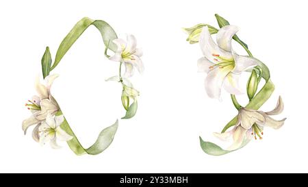 Giglio bianco acquerello e gemme isolate su bianco. Set di ghirlanda floreale e disposizione del giglio illustrazione botanica disegnata a mano. Lily bouquet e foglie Foto Stock