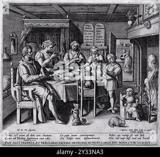 Una famiglia seduta attorno al tavolo da pranzo, la madre che serve cibo, il padre che fa un gesto autorevole verso il figlio che prega, le due figlie si siedono accanto alla madre mentre il bambino più giovane viene nutrito accanto al luogo del fuoco, rappresentando Concord. Incisione di C. de Passe dopo M. de Vos. Foto Stock