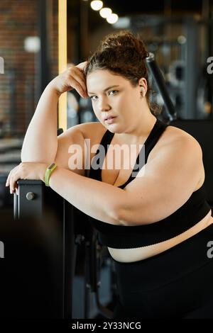 Una giovane donna sicura di sé che indossa un abbigliamento attivo si prende una pausa, mostrando la positività del corpo in un vivace ambiente di palestra. Foto Stock