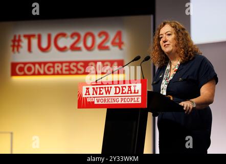 Fran Heathcote, Segretario generale dell'Unione dei servizi pubblici e commerciali, alla Conferenza TUC di Brighton 2024 Foto Stock