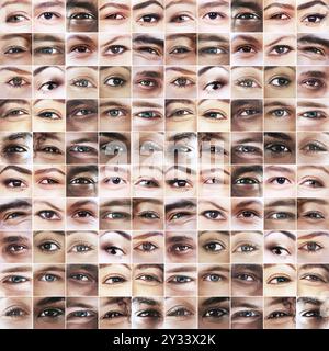 Occhi, diversità e collage con differenza per le serie multirazziali di uguaglianza, raccolta o optometria. Primo piano, persone e vista ottica per globale Foto Stock
