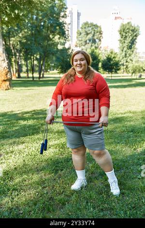 Una donna vivace e di grandi dimensioni si esercita all'aperto, abbracciando fitness e natura. Foto Stock