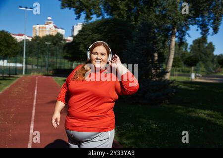 Una donna dalle grandi dimensioni si allena all'aperto, abbracciando fitness e sole. Foto Stock