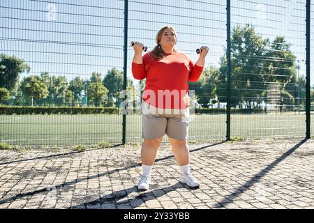 Una donna più grande si esercita con i manubri in un parco vivace. Foto Stock