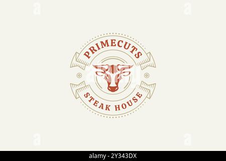 Testa a bottone con nastro circolare modello con logo retrò per illustrazione piatta vettoriale di ristoranti di carne. Macelleria di carne di maiale fresca grigliata me Illustrazione Vettoriale