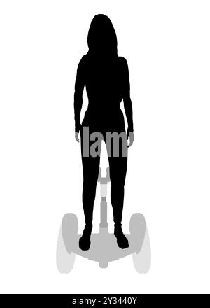 Silhouette di una ragazza in piedi su un segway fatta di linee nere isolate su uno sfondo bianco. Ragazza che guida un segway. Vista frontale. Illustrazione vettoriale. Illustrazione Vettoriale