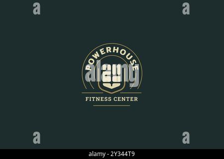 Sport club bodybuilding palestra palestra forte cerchio del pugno design retro modello logo disegno vettoriale piatto. Potenza muscolare atletica palestra per la mano Illustrazione Vettoriale