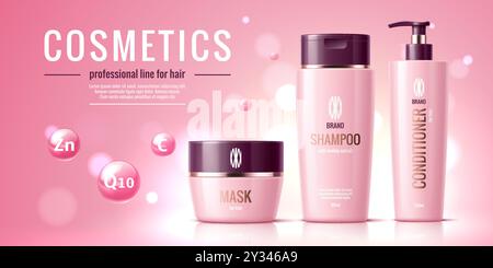 Modelli di prodotti cosmetici per capelli. Pacchetti shampoo, balsamo e maschera. Promozione Vector ADS con elegante e realistica confezione di cosmetici rosa per prodotti professionali per la cura dei capelli e bolle di vitamine volanti Illustrazione Vettoriale