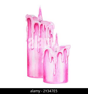 Candela rosa che brucia con fiamma e gocce di cera. Elemento decorativo per Halloween, sabato, Natale. Attributo vintage del misticismo, della magia Foto Stock