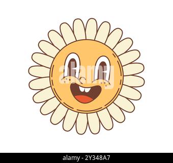Cartoni animati retrò floreale a margherita con volto funky, personaggio emoji vettoriale sorriso. Floreale a margherita in cartoni animati retrò o hippie degli anni '70, anni '80 con faccia divertente e sorridente per un'emoticon piacevole Illustrazione Vettoriale
