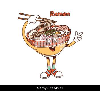 Personaggio cartoni animati di ramen coreano. Divertente ciotola con spaghetti, verdure e una faccia felice che tiene le bacchette. Personalità isolata del cibo vettoriale che rappresenta una cucina di ramen asiatica divertente e deliziosa Illustrazione Vettoriale