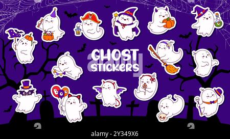 Kawaii Halloween Ghost Character Sticker Pack. Gli spettri carini e giocosi festeggiano le vacanze. Le patch vettoriali dei cartoni animati con spettrali ma affascinanti fantasmi indossano costumi festivi sullo sfondo del cimitero notturno Illustrazione Vettoriale