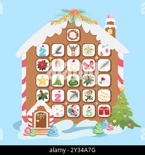 Calendario dell'avvento sotto forma di casa di pan di zenzero con finestre - Design modello Illustrazione Vettoriale