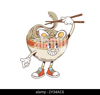 Spaghetti retrò di ramen con cartoni animati di uova. Ciotola giocosa con spaghetti, verdure e viso felice che reggono le bacchette. Cucina coreana isolata, divertente e vettoriale, che rappresenta la cucina asiatica Illustrazione Vettoriale