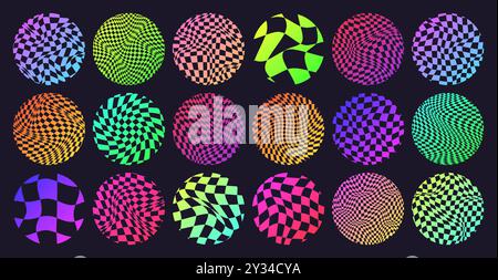 Motivo a scacchi scanalato, griglia piastrellata rotonda al neon. Sfondo ricurvo ondulato vintage, effetto di distorsione. Stravagante motivo geometrico a scacchiera, sfondo retrò Illustrazione Vettoriale