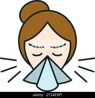 Una giovane donna malata sta soffiando il naso in un tessuto, soffrendo di raffreddore o influenza Illustrazione Vettoriale