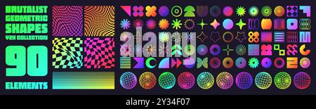 Forme geometriche brutaliste, simboli moderni al neon. Motivo a scacchi scanalato, griglia piastrellata distorta. Elementi semplici, forme. Design retrò, alla moda Illustrazione Vettoriale