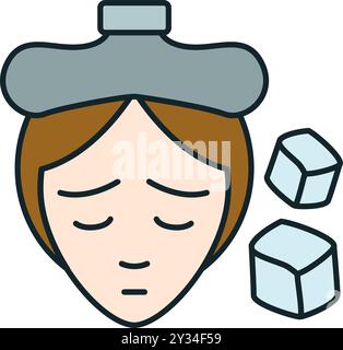 Donna che si sente male con la febbre che applica il ghiaccio alla testa soffre di influenza Illustrazione Vettoriale