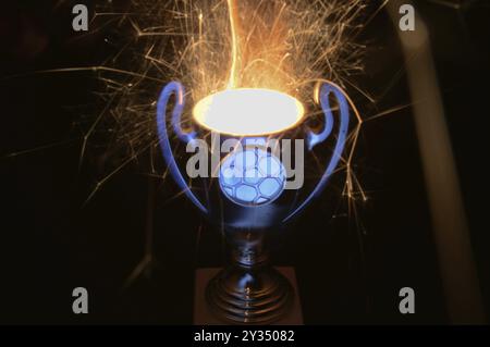 Coppa di calcio su sfondo nero con fuochi d'artificio all'interno Foto Stock