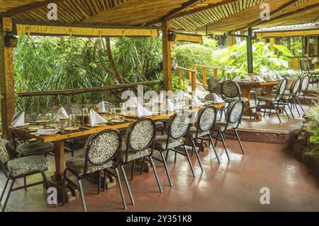 Tavolo su una terrazza color giungla in un ambiente tropicale in un ristorante a Nairobi, Kenya, Africa Foto Stock