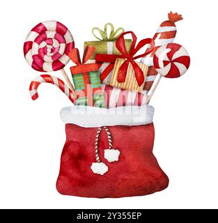 Gnomo natalizio aiutante di Babbo Natale con caramelle lecca borsa disegno acquerello invernale. Nano delle feste di Capodanno con dolci e regali tradizionali Illustrazione Vettoriale