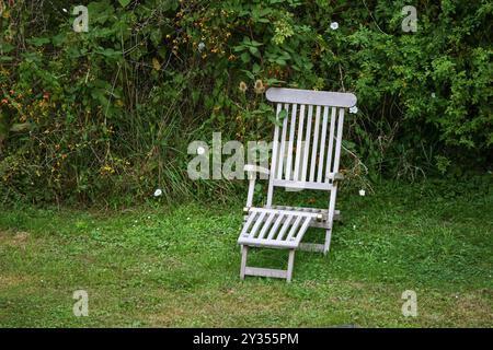 Sdraio da giardino vuota in legno grigio sul prato di fronte a una siepe di arbusti selvaggi in un giardino naturale ecologico, luogo idilliaco per gli amanti della natura Foto Stock