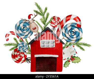 Gnomo natalizio aiutante di Babbo Natale con caramelle lecca borsa disegno acquerello invernale. Nano delle feste di Capodanno con dolci e regali tradizionali Illustrazione Vettoriale