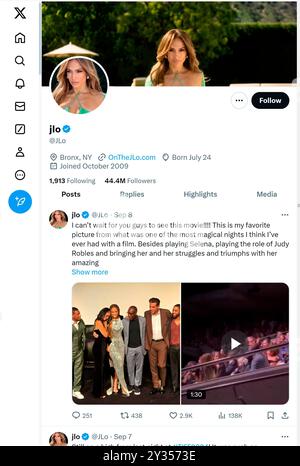 'X' - precedentemente Twitter - pagina (settembre 2024) di Jennifer Lopez, cantante e attrice americana Foto Stock