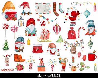 Gnomi natalizi Babbo Natale aiuta a disegnare i coor invernali con calze natalizie e regali. Collezione di nani natalizi di Capodanno con decorazioni tradizionali Illustrazione Vettoriale