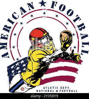 Giocatore di football che riceve la palla, lo sport americano più popolare al mondo. Illustrazione Vettoriale