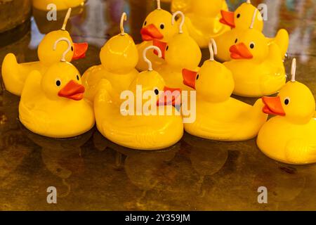 Dettaglio di un gruppo di anatre in plastica gialle luminose - Hook-a Ducks Stall with Reflections in a Fair Foto Stock