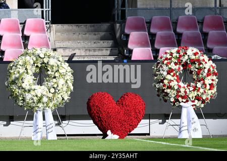 Colonia, Germania. 12 settembre 2024. Calcio: Servizio funebre per l'ex allenatore della Bundesliga Christoph Daum, RheinEnergieStadion: Corone funebri in campo. Daum è morto il 24 agosto dopo aver sofferto di cancro. Crediti: Federico Gambarini/dpa/Alamy Live News Foto Stock