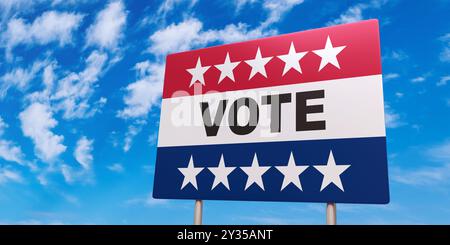 VOTA le elezioni americane, il testo e i colori americani americani americani su un cartellone, sfondo blu del cielo, rendering 3d. Foto Stock