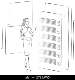 Una donna studia i risultati del sondaggio per identificare e comprendere i problemi nel processo decisionale. Concetto di business. Schizzo. Illustrazione vettoriale. Illustrazione Vettoriale