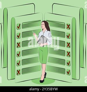 Una donna studia i risultati del sondaggio per identificare e comprendere i problemi nel processo decisionale. Concetto di business. Illustrazione vettoriale. Illustrazione Vettoriale