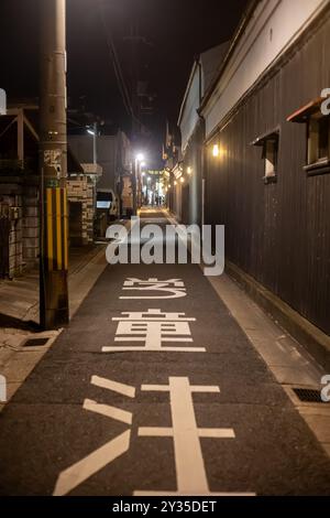 Un vicolo stretto e poco illuminato in Giappone di notte con personaggi giapponesi dipinti sulla strada. Foto Stock