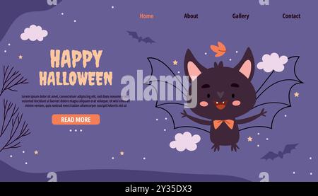 Buon Halloween. Divertente pipistrello su sfondo viola. Illustrazione Vettoriale