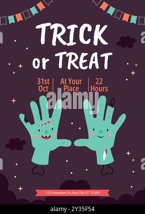 Poster dell'invito alla festa di Halloween. Festa in costume. Divertenti mani di zombie. Illustrazione Vettoriale