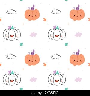 Halloween Seamless Pattern di divertenti zucche su sfondo bianco. Concetto di Halloween. Jack-o-lanterne. Design per carta da imballaggio, tessuto. Illustrazione Vettoriale