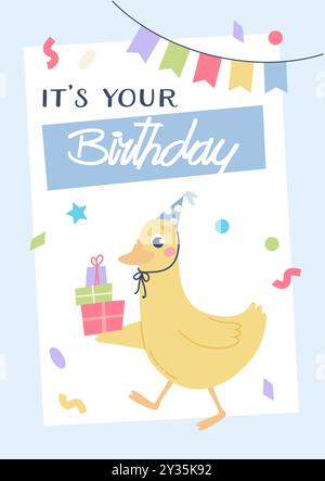 Biglietto di compleanno per bambini. Graziosa anatra con regali e cappello da festa. Modello di illustrazione vettoriale Illustrazione Vettoriale