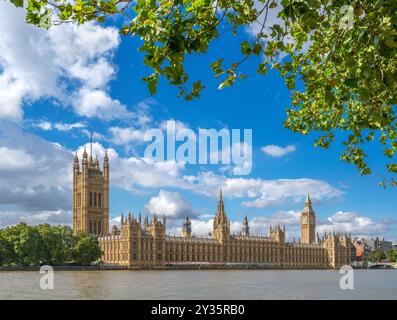 Le camere del Parlamento, Londra. Il Palazzo di Westminster dall'Albert Embankment sulla riva sud, fiume Tamigi, Londra, Inghilterra, Regno Unito Foto Stock