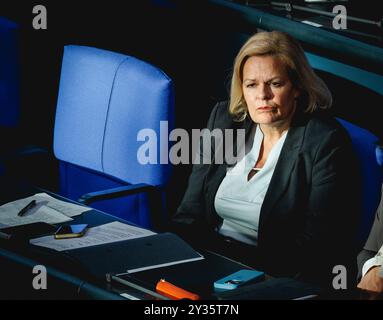 Berlino, Germania. 12 settembre 2024. Nancy Faeser, Ministro federale dell'interno e degli affari interni, durante una sessione del Bundestag a Berlino, 12 settembre 2024. Credito: dpa/Alamy Live News Foto Stock