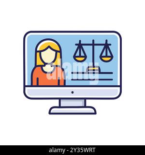 Consulenza legale online. Schermo informatico che mostra una donna e scale di giustizia, che rappresenta la consultazione legale online. Illustrazione Vettoriale