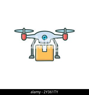 Pacchetto di consegna drone. Drone che consegna un pacco. Tecnologia moderna e soluzioni di consegna automatizzata per spedizioni rapide. Illustrazione Vettoriale